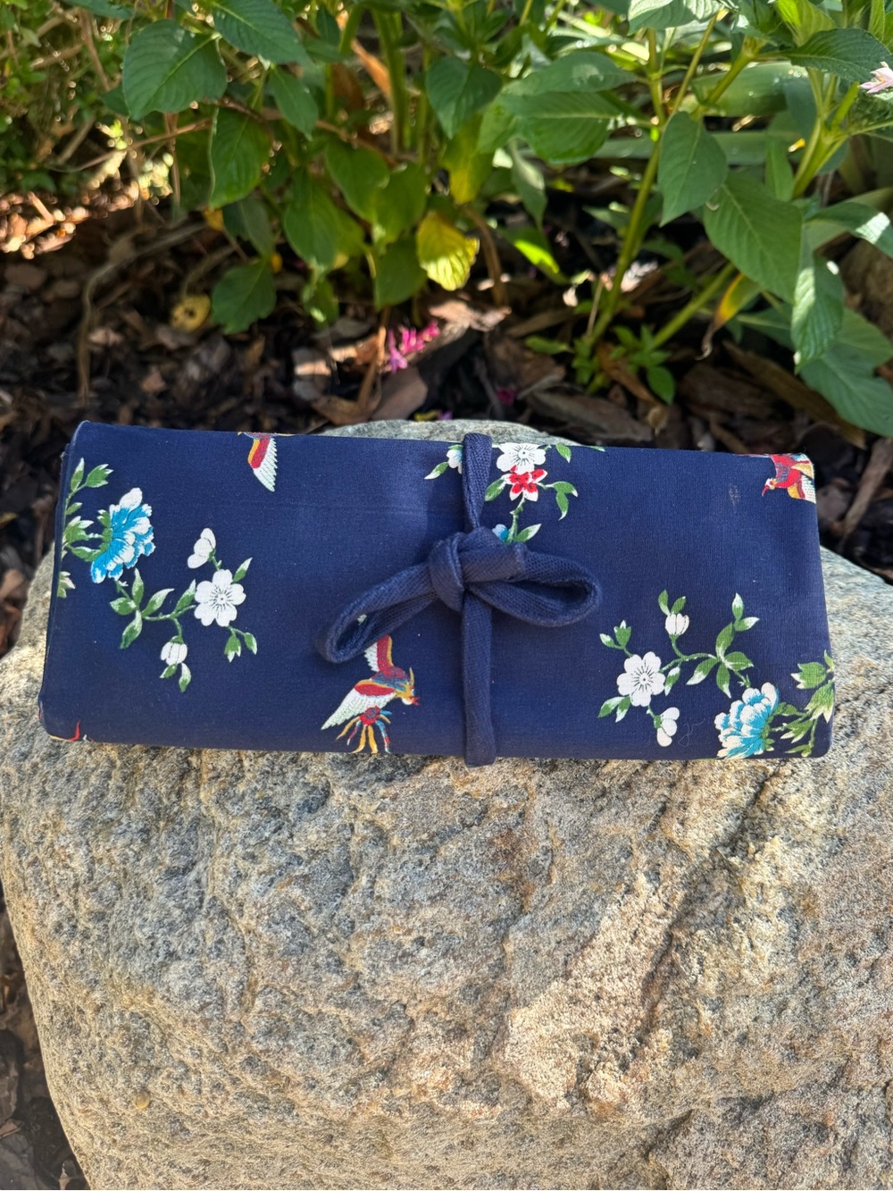 Vintage Navy Floral and bird Roll-Up Jewelry Organizer Pouch